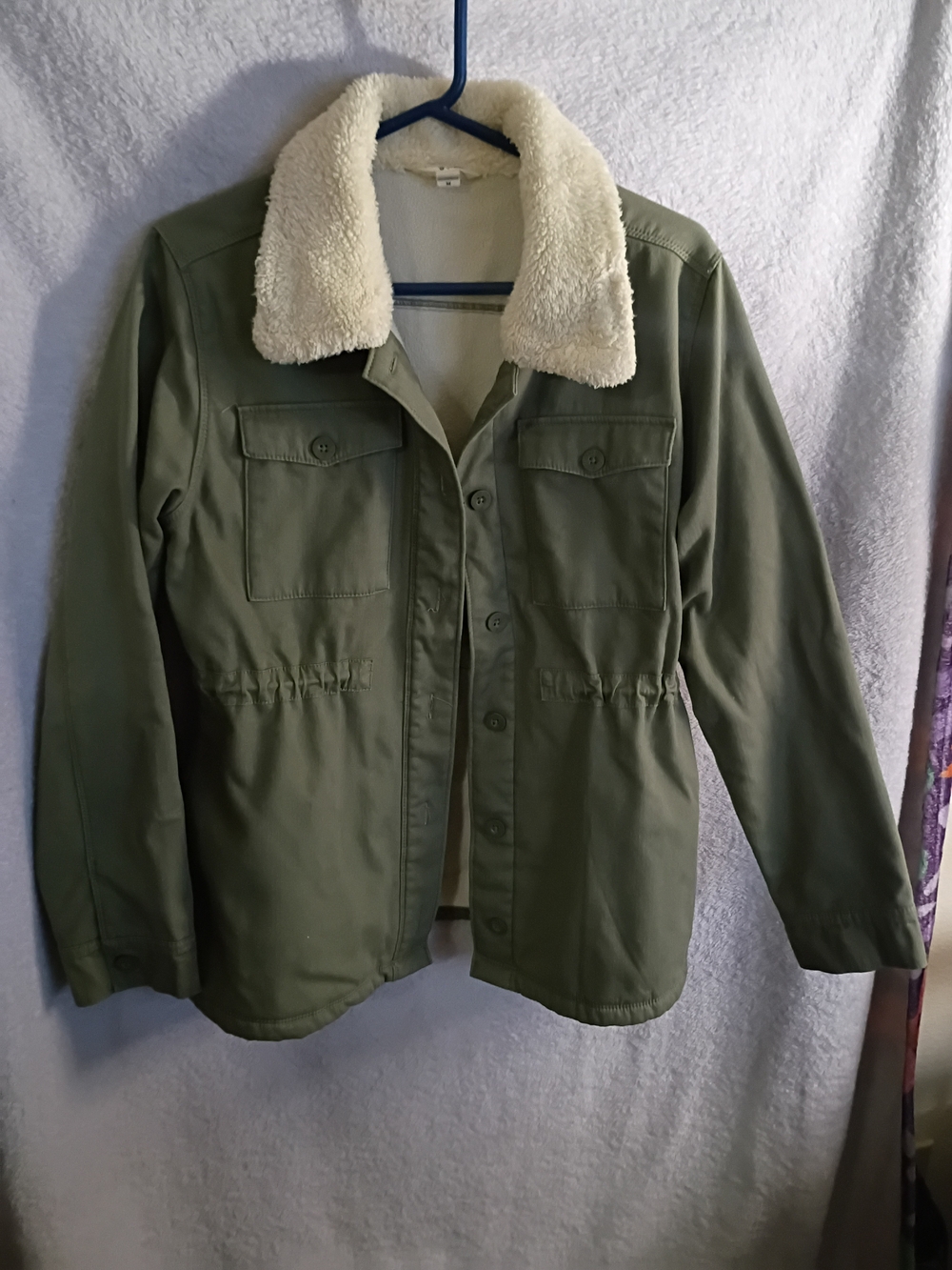 Hang Ten Olive Green Utility Jacket with Cream Sherpa Collar